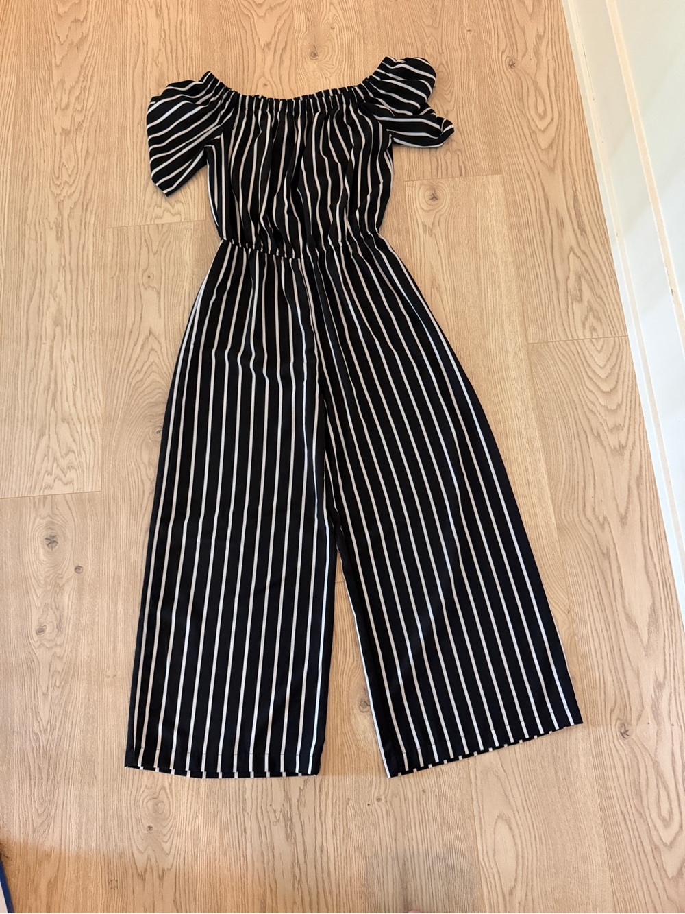 Black & White Striped Off-Shoulder Jumpsuit